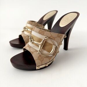 GUCCI | Y2K Vintage GG Canvas Horsebit Wooden Platform Studded Mules Heels 8